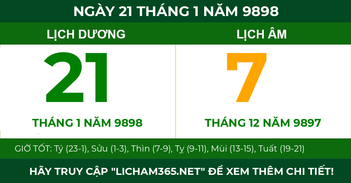 lịch âm ngày 21 tháng 1 năm 9898