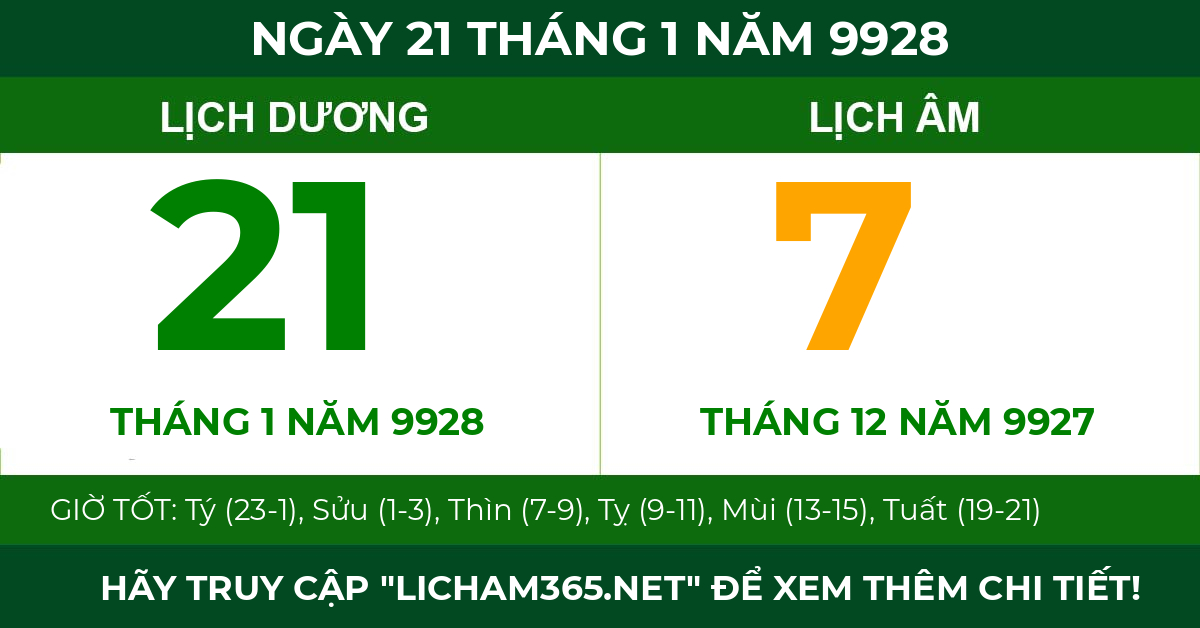 lịch âm ngày 21 tháng 1 năm 9928