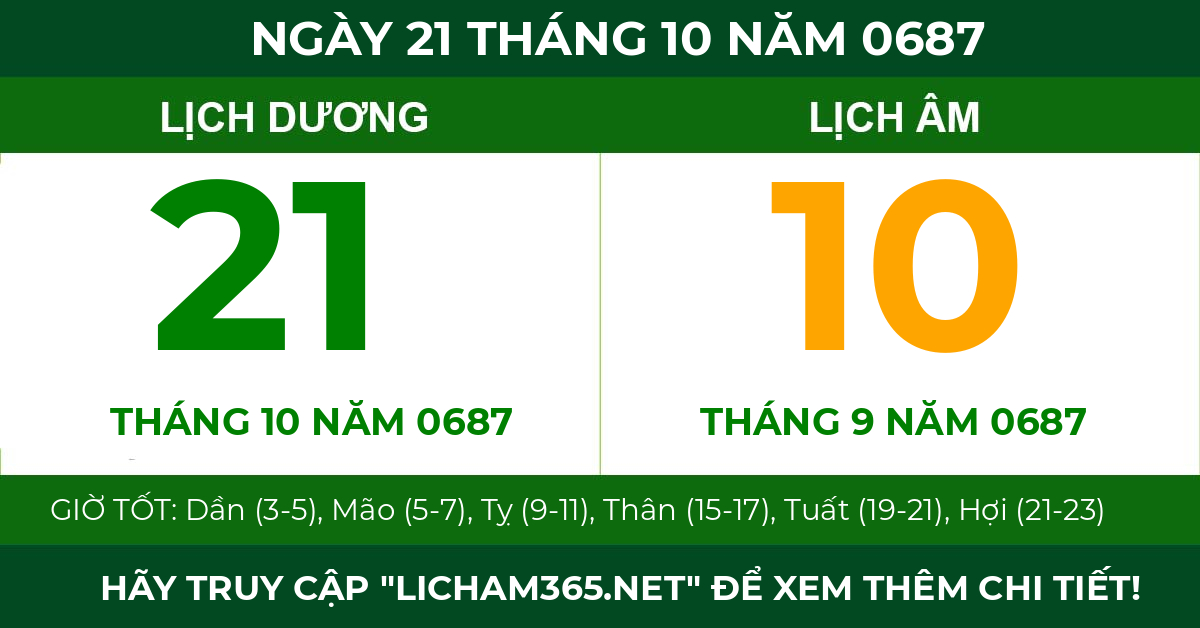 lịch âm ngày 21 tháng 10 năm 0687
