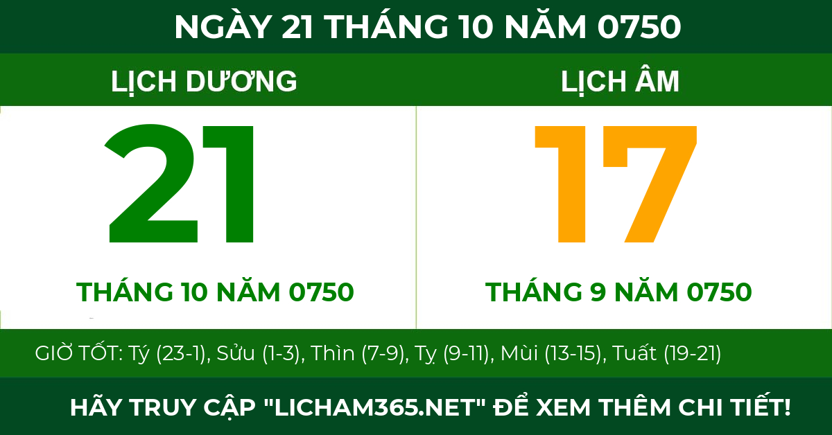 lịch âm ngày 21 tháng 10 năm 0750