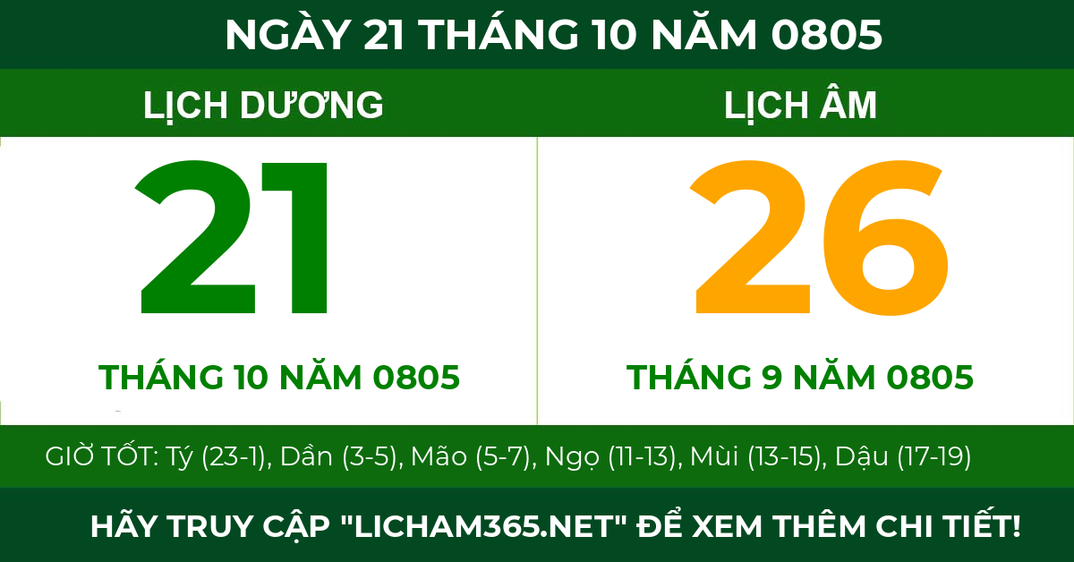 lịch âm ngày 21 tháng 10 năm 0805