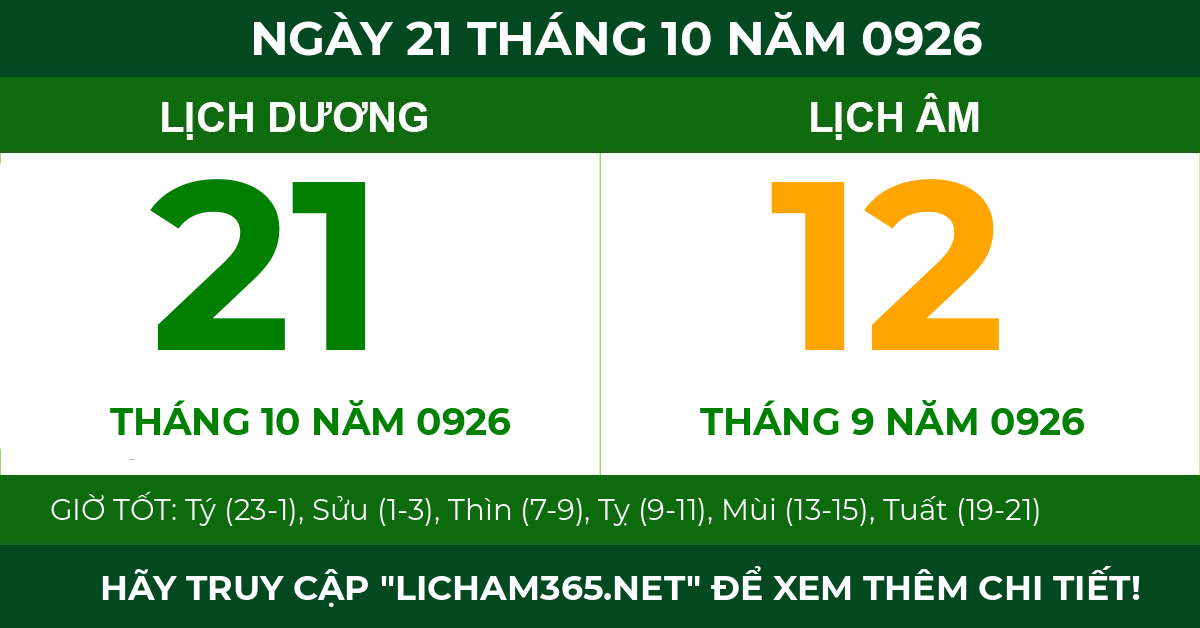 lịch âm ngày 21 tháng 10 năm 0926