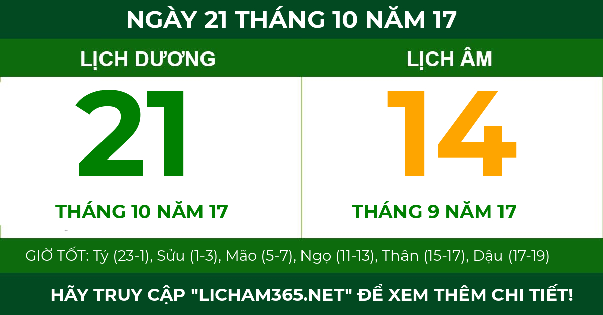 lịch âm ngày 21 tháng 10 năm 17