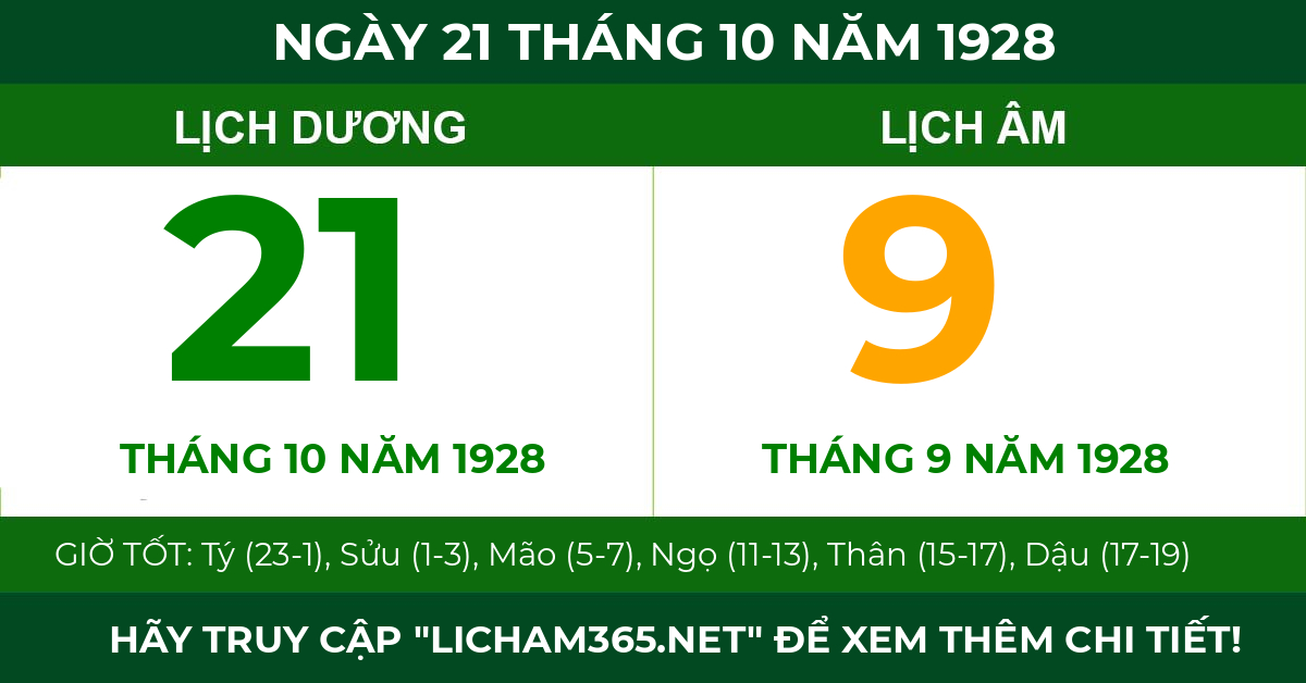 lịch âm ngày 21 tháng 10 năm 1928