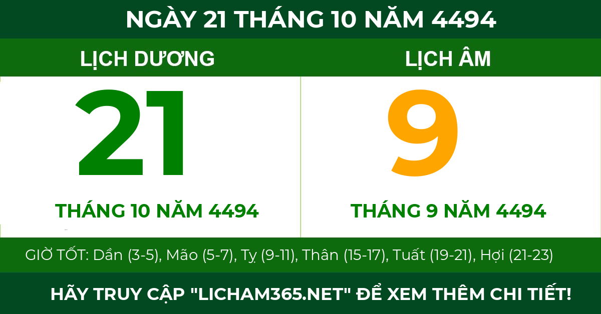 lịch âm ngày 21 tháng 10 năm 4494