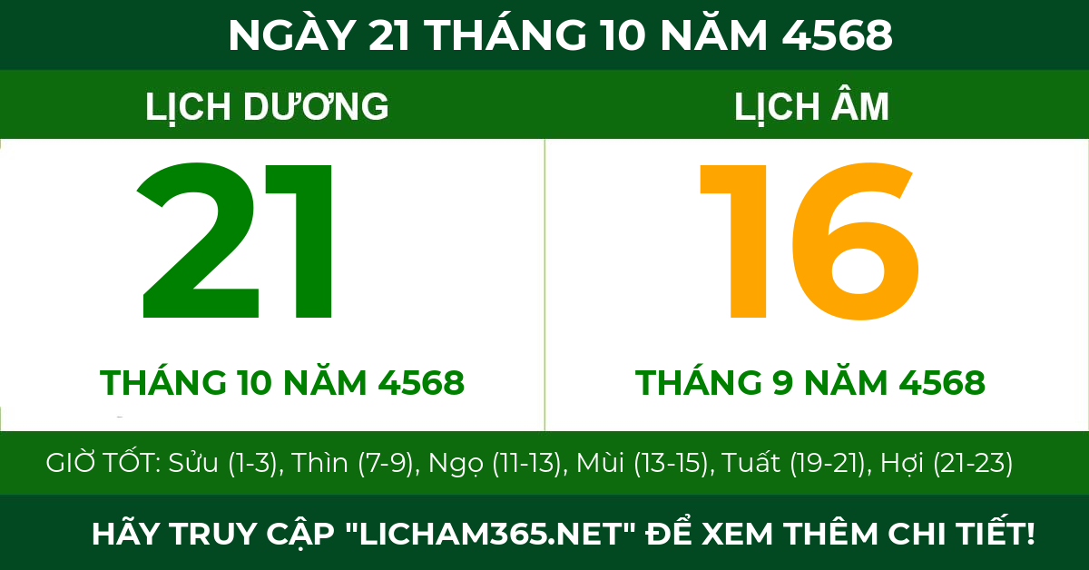 lịch âm ngày 21 tháng 10 năm 4568