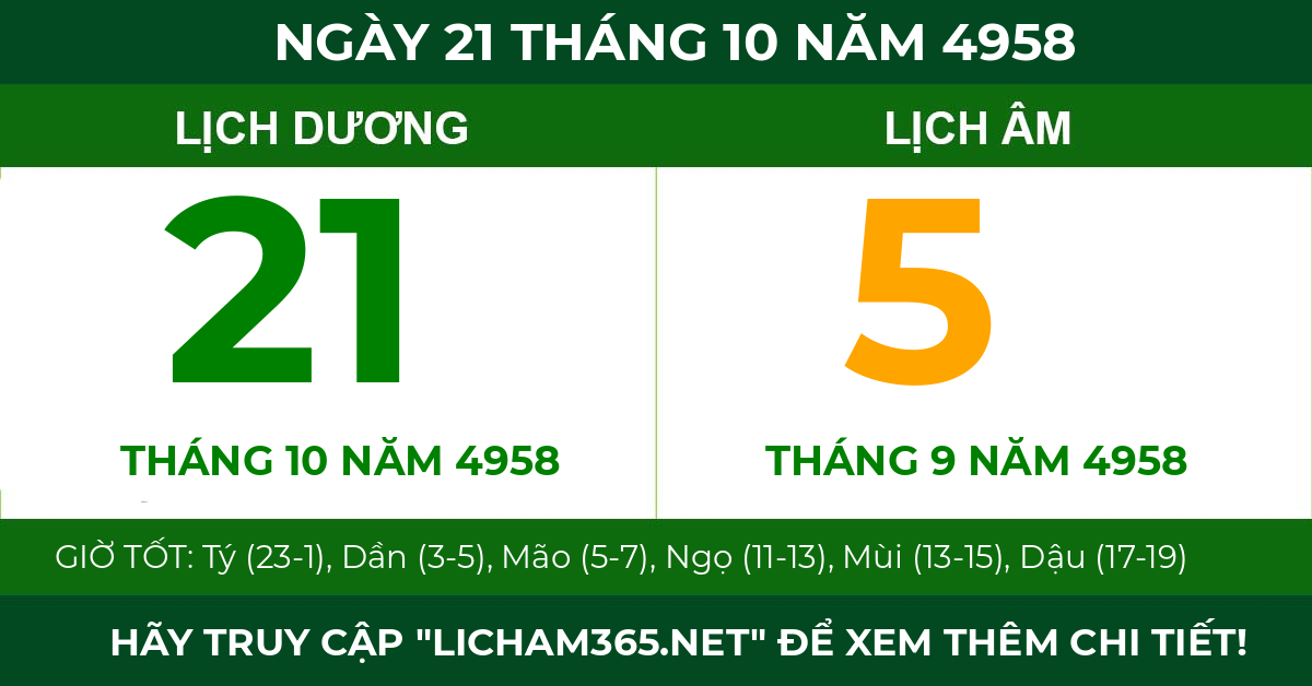 lịch âm ngày 21 tháng 10 năm 4958