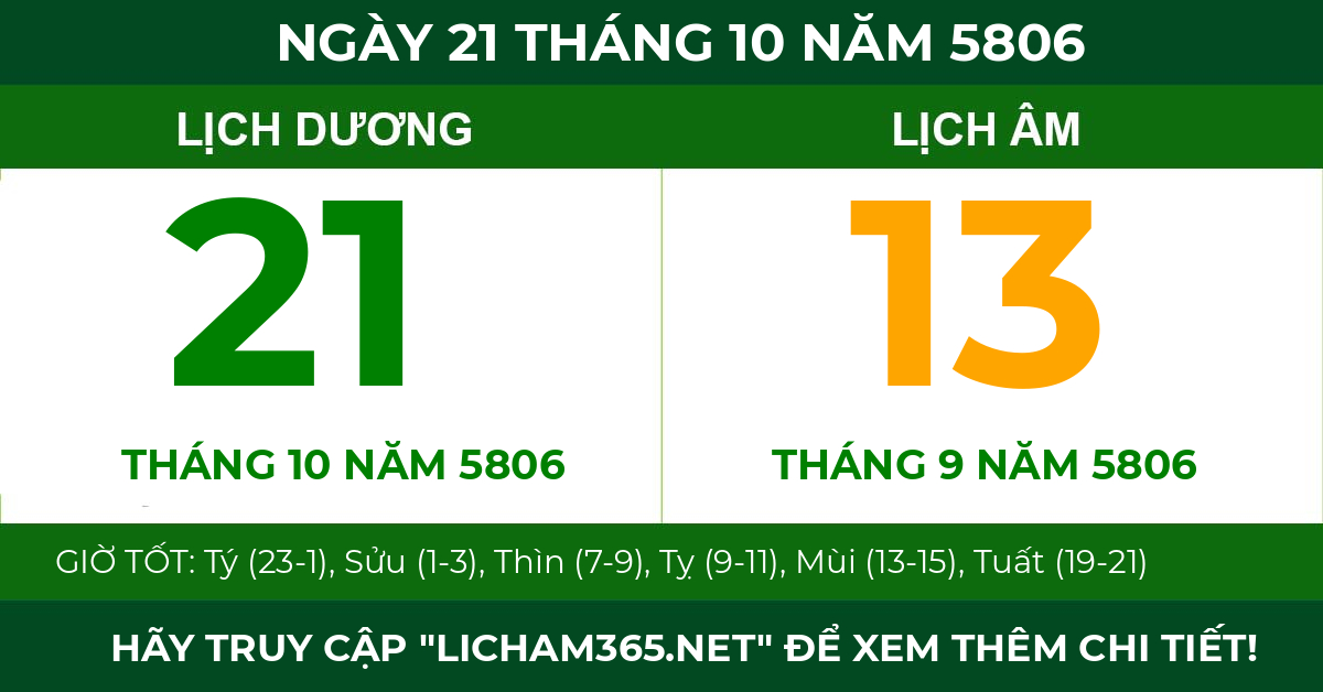 lịch âm ngày 21 tháng 10 năm 5806