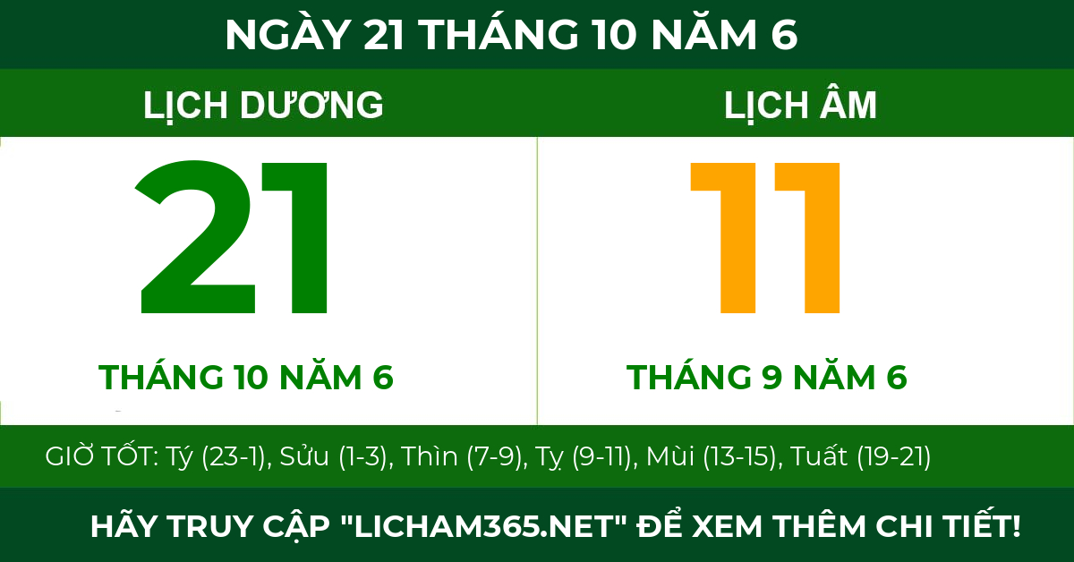 lịch âm ngày 21 tháng 10 năm 6