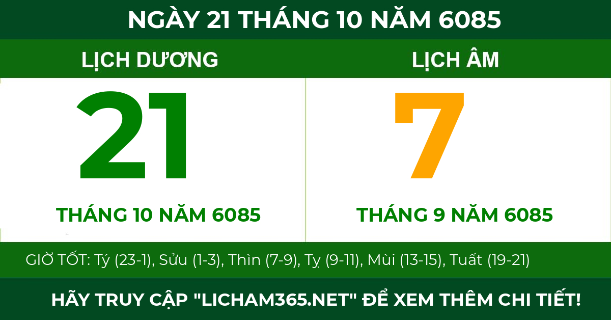 lịch âm ngày 21 tháng 10 năm 6085