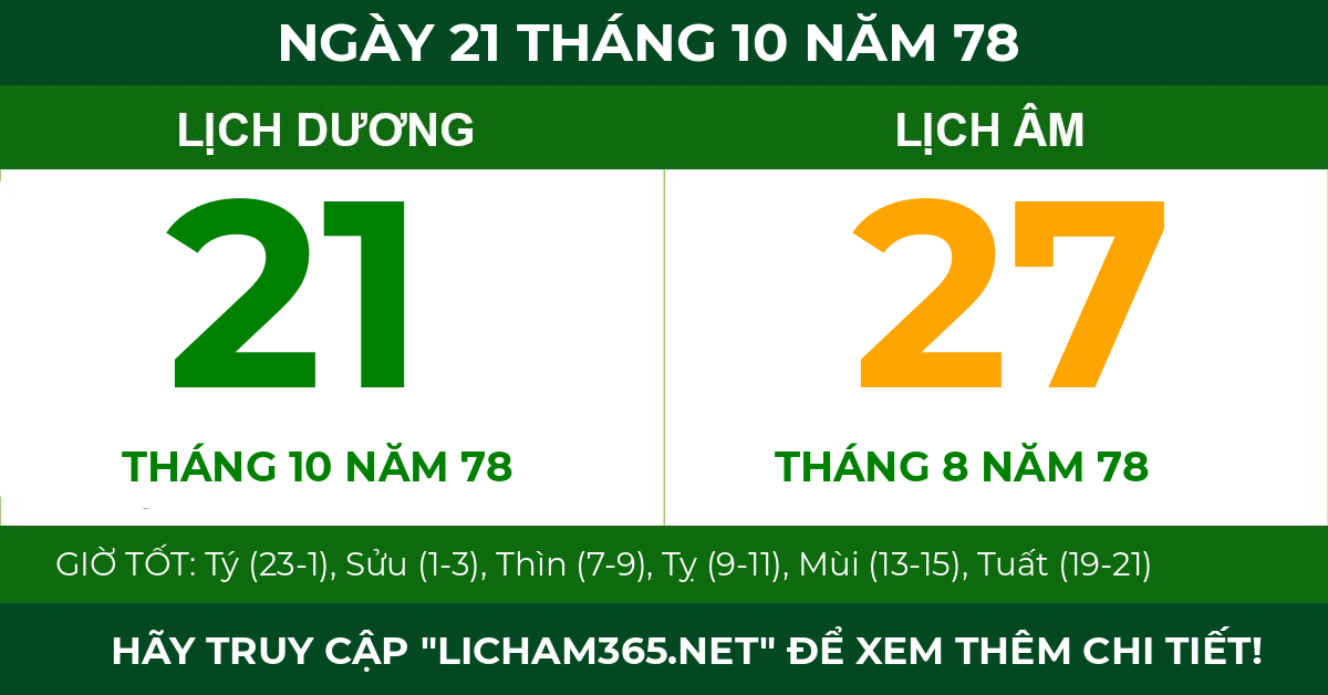 lịch âm ngày 21 tháng 10 năm 78