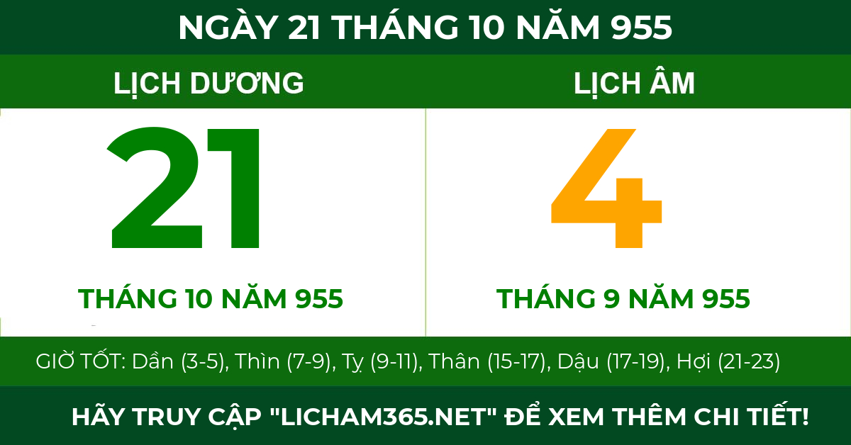 lịch âm ngày 21 tháng 10 năm 955