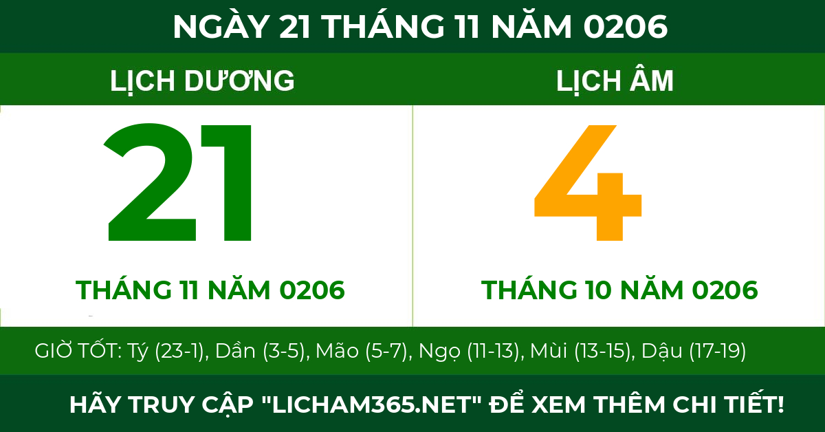 lịch âm ngày 21 tháng 11 năm 0206