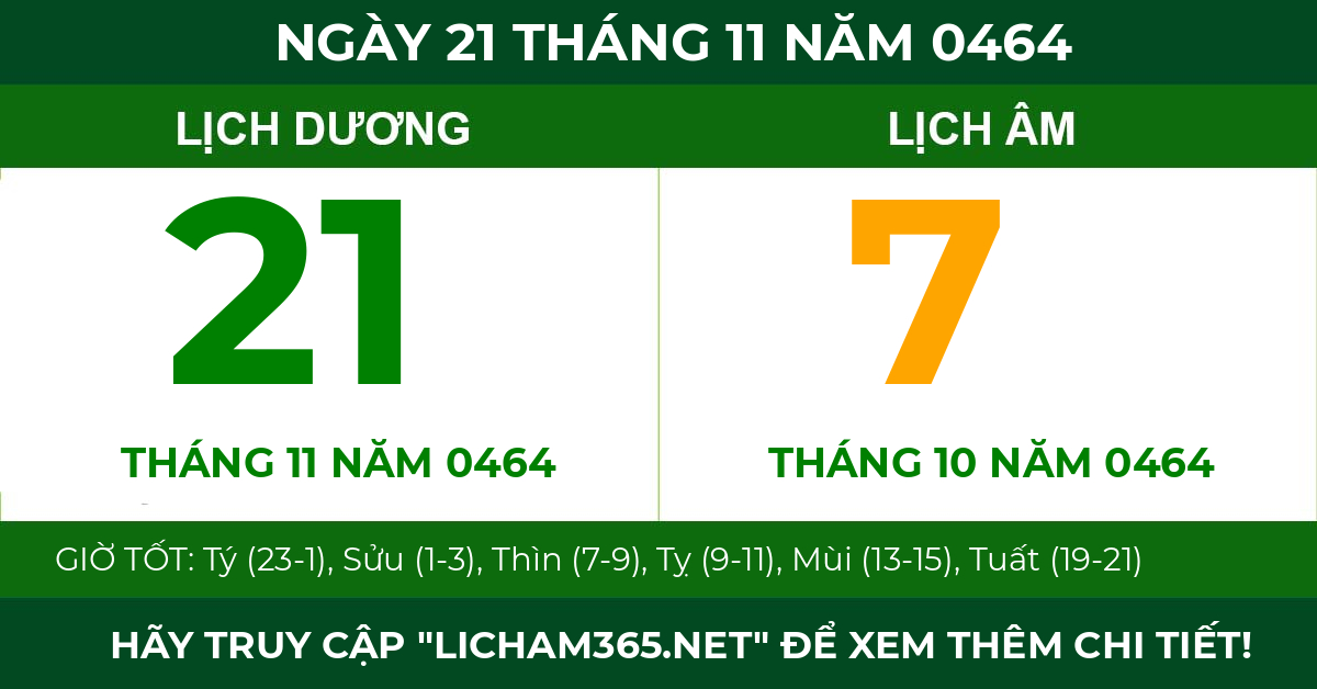 lịch âm ngày 21 tháng 11 năm 0464