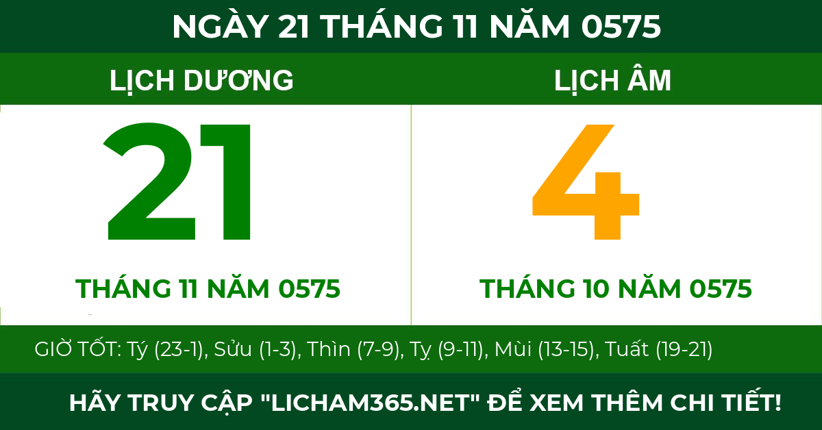 lịch âm ngày 21 tháng 11 năm 0575