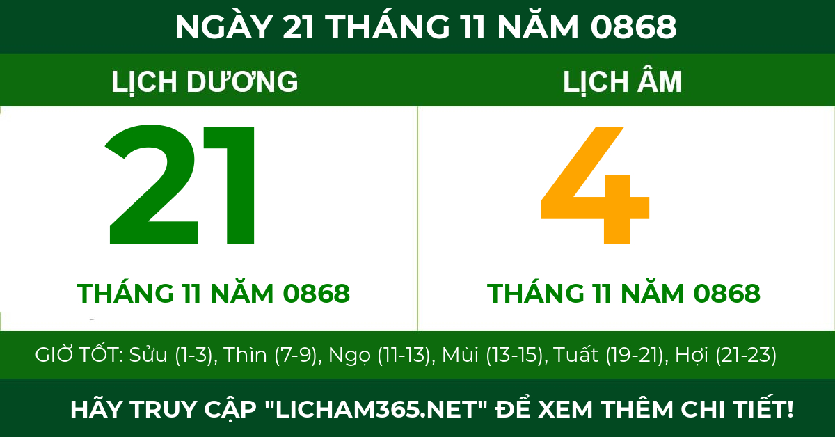 lịch âm ngày 21 tháng 11 năm 0868