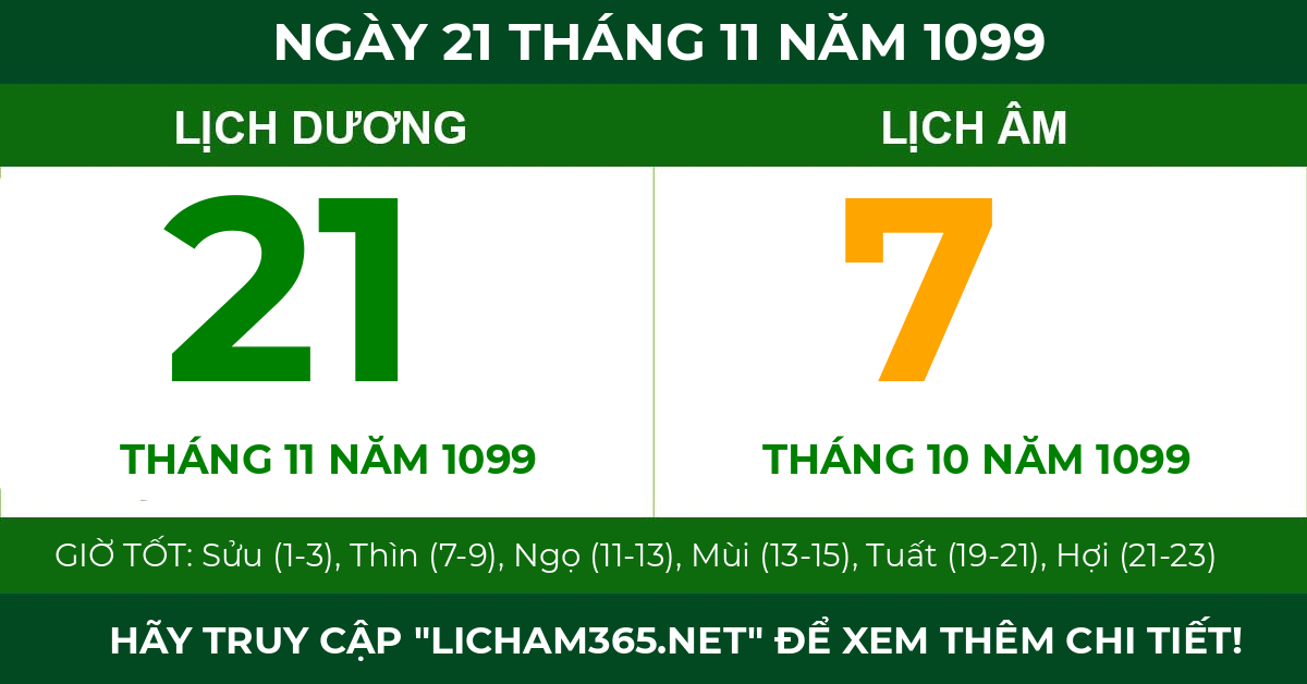 lịch âm ngày 21 tháng 11 năm 1099
