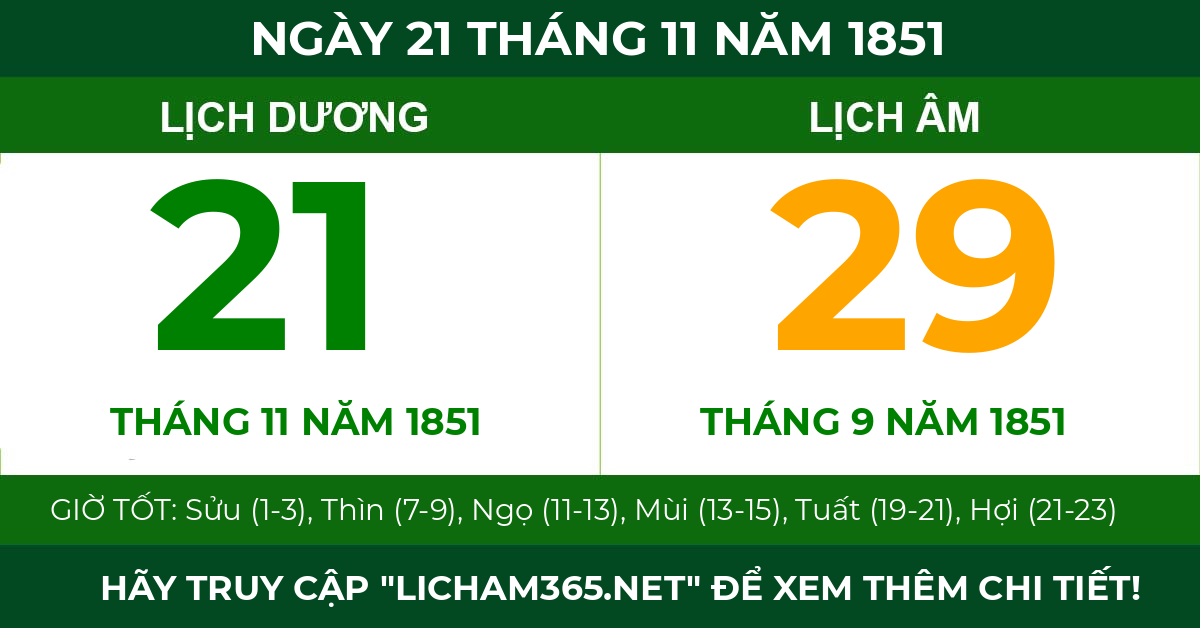 lịch âm ngày 21 tháng 11 năm 1851