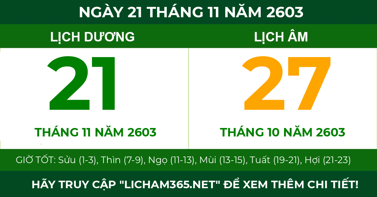 lịch âm ngày 21 tháng 11 năm 2603