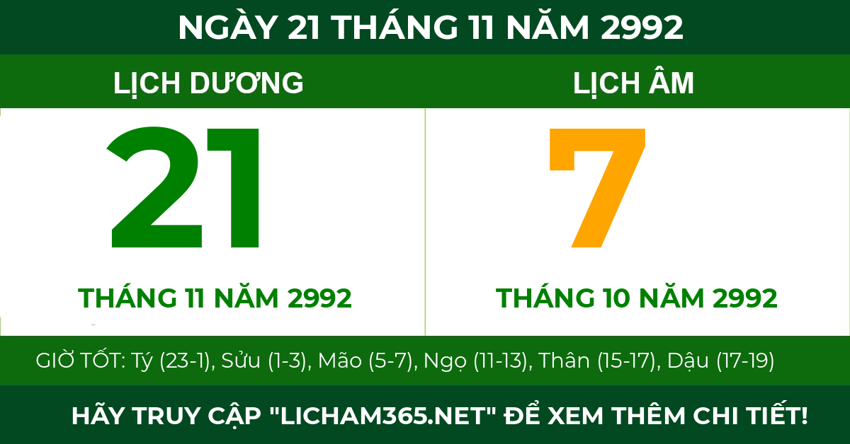 lịch âm ngày 21 tháng 11 năm 2992