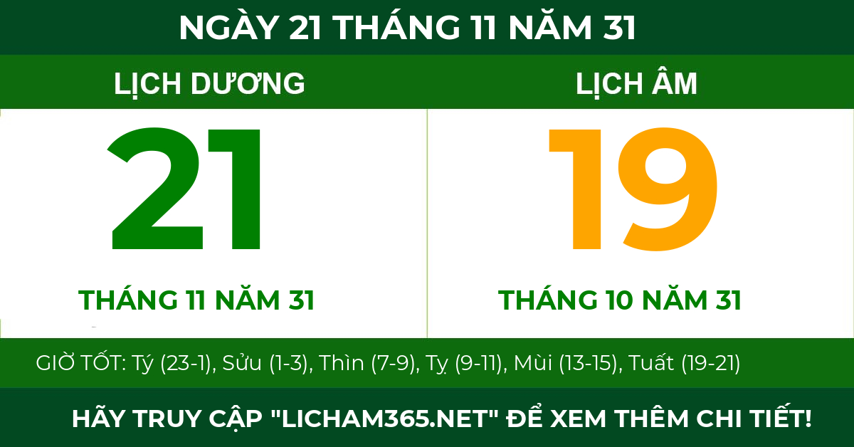 lịch âm ngày 21 tháng 11 năm 31