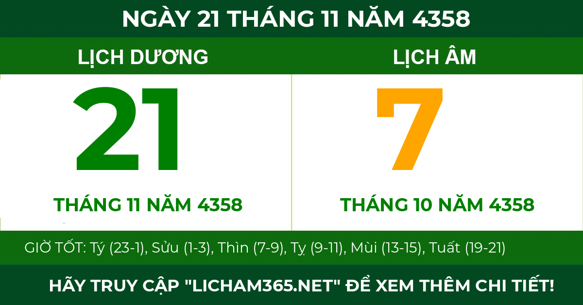 lịch âm ngày 21 tháng 11 năm 4358