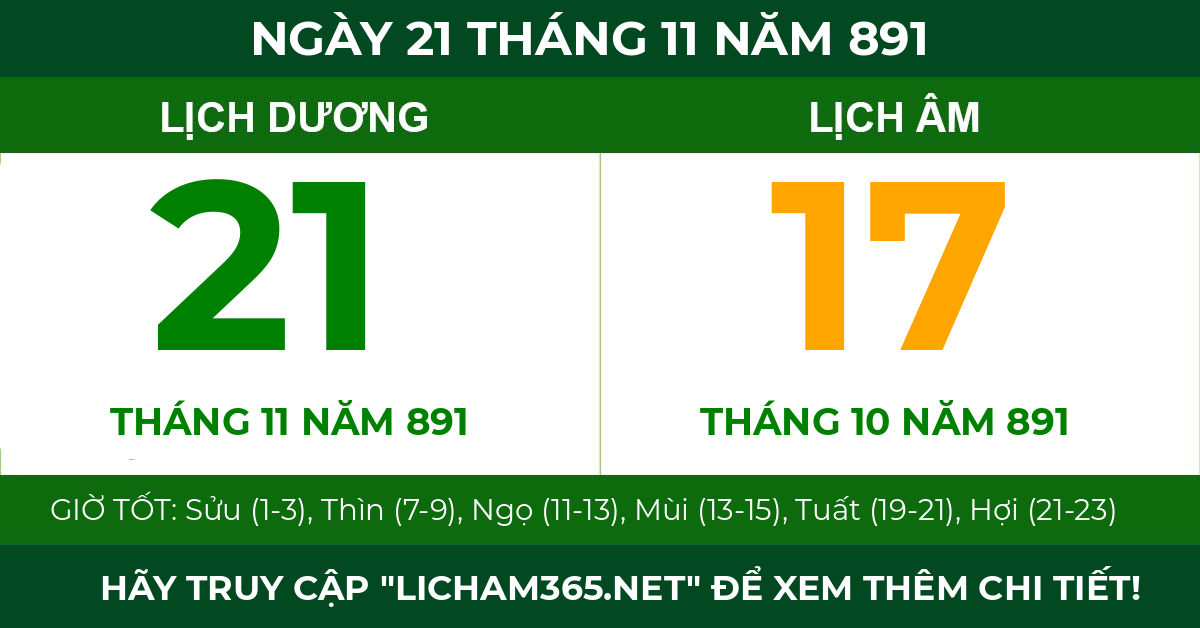 lịch âm ngày 21 tháng 11 năm 891