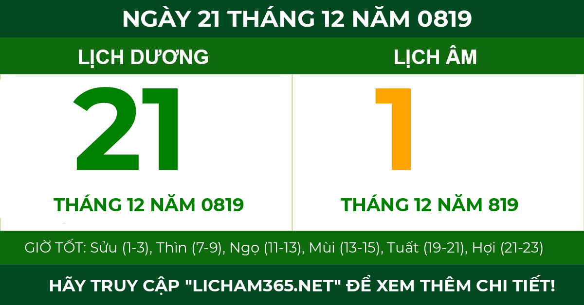 lịch âm ngày 21 tháng 12 năm 0819