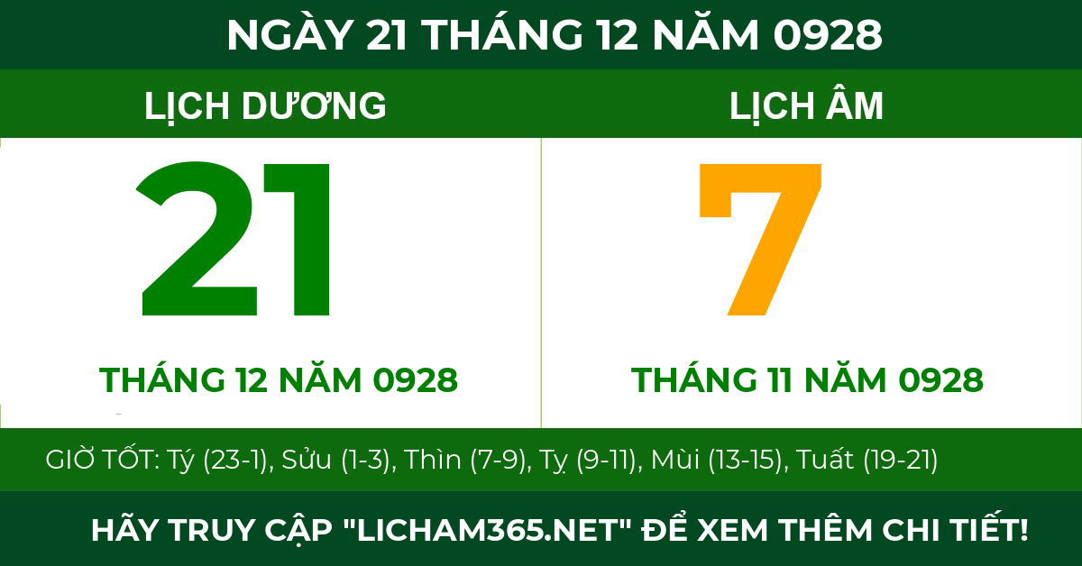 lịch âm ngày 21 tháng 12 năm 0928