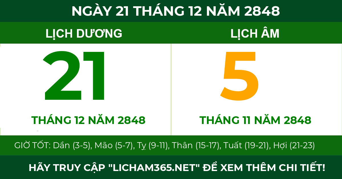 lịch âm ngày 21 tháng 12 năm 2848