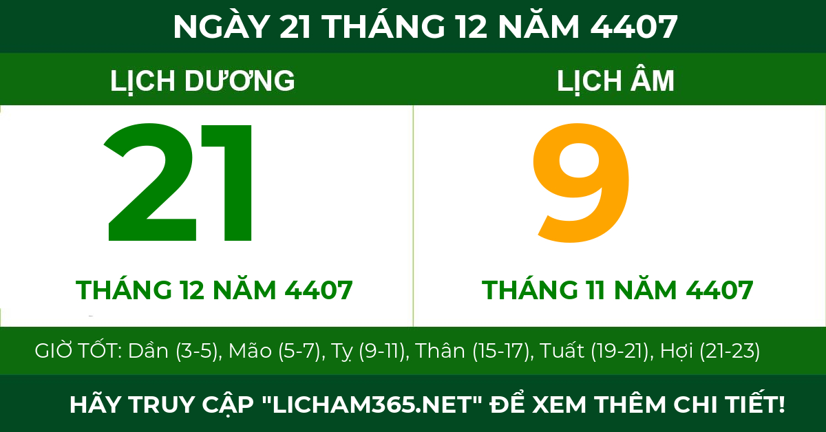 lịch âm ngày 21 tháng 12 năm 4407
