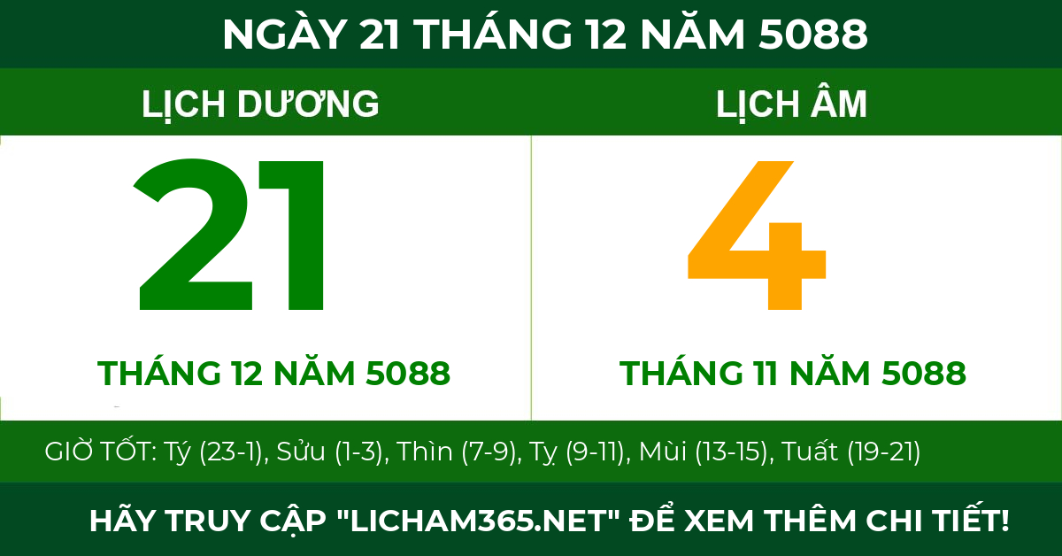lịch âm ngày 21 tháng 12 năm 5088