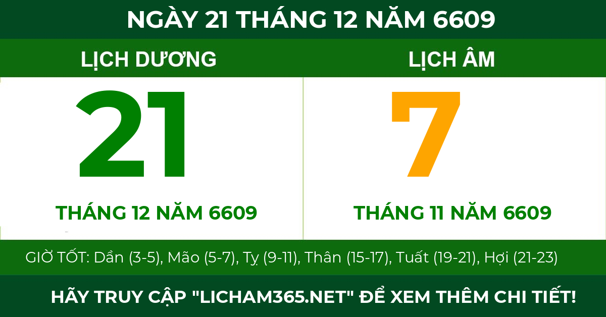 lịch âm ngày 21 tháng 12 năm 6609