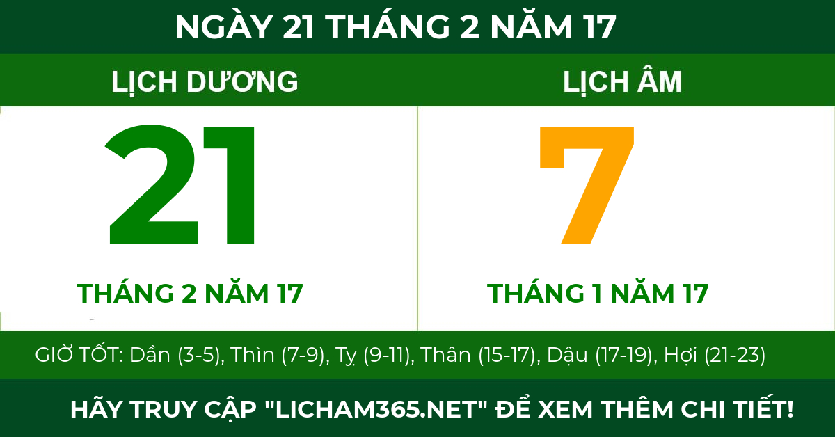 lịch âm ngày 21 tháng 2 năm 17