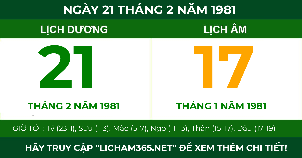 lịch âm ngày 21 tháng 2 năm 1981