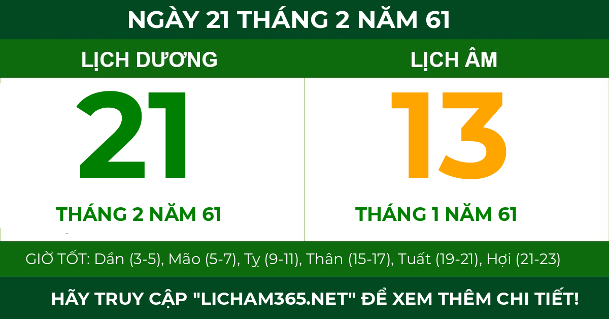 lịch âm ngày 21 tháng 2 năm 61