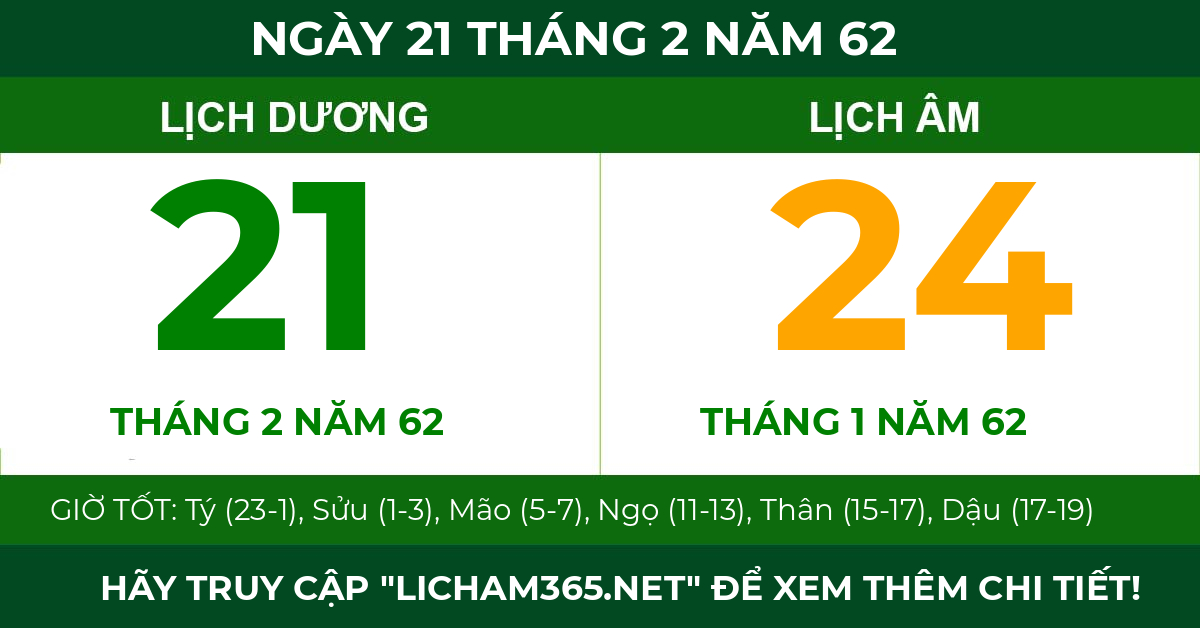 lịch âm ngày 21 tháng 2 năm 62