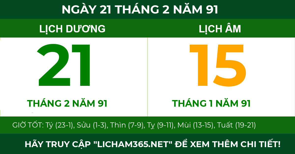 lịch âm ngày 21 tháng 2 năm 91