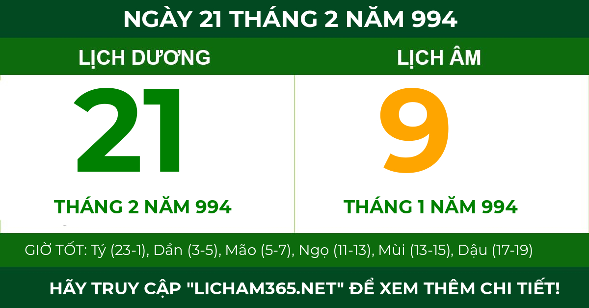 lịch âm ngày 21 tháng 2 năm 994