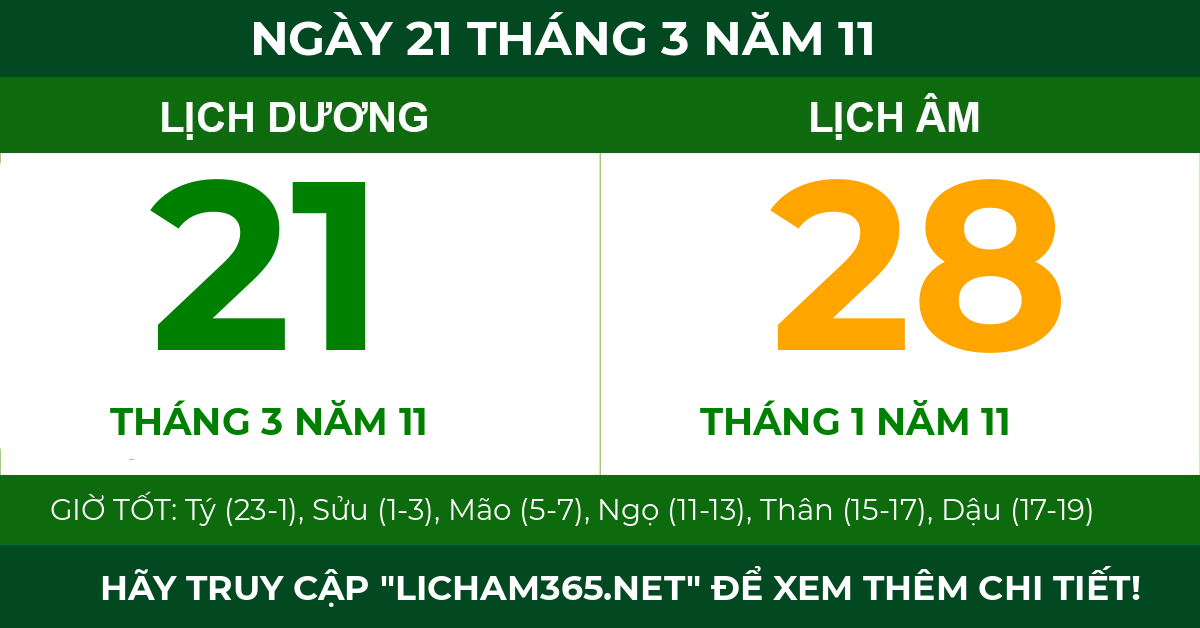 lịch âm ngày 21 tháng 3 năm 11