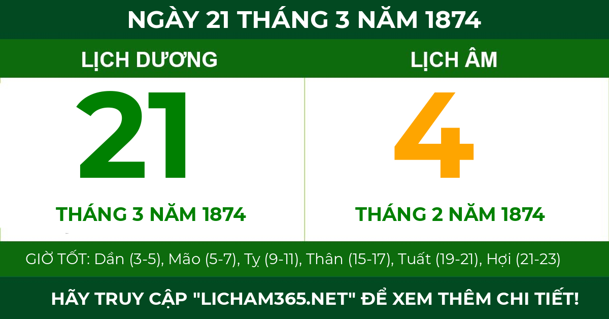 lịch âm ngày 21 tháng 3 năm 1874