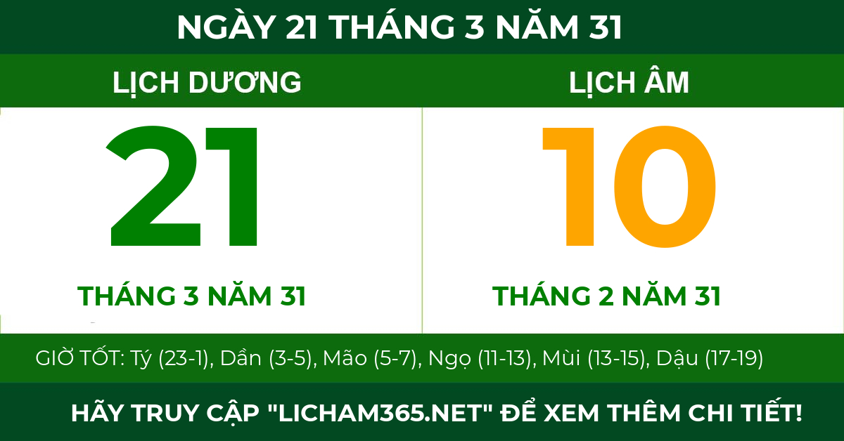 lịch âm ngày 21 tháng 3 năm 31