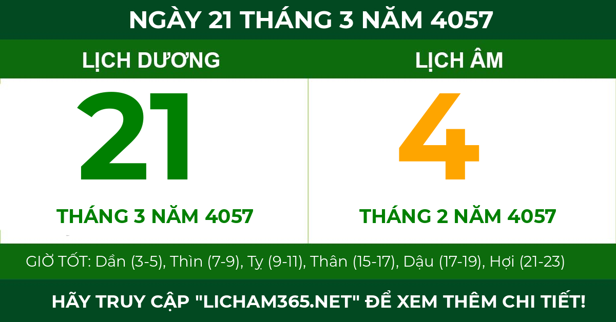 lịch âm ngày 21 tháng 3 năm 4057
