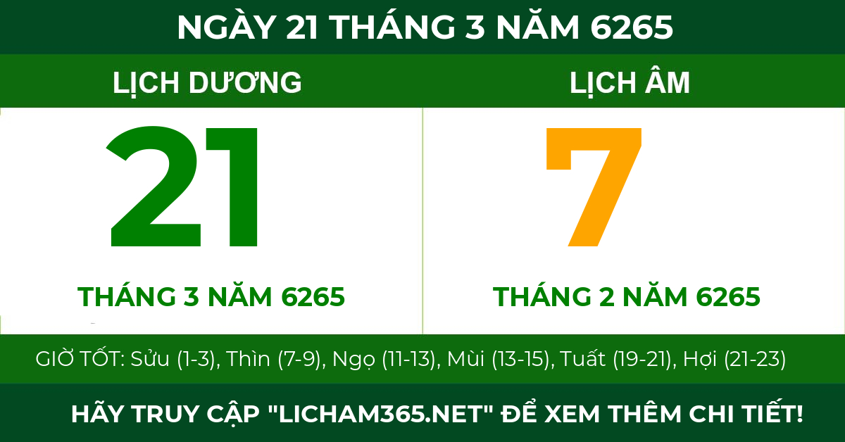 lịch âm ngày 21 tháng 3 năm 6265