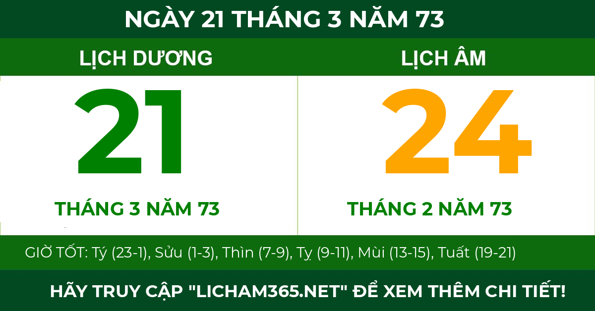 lịch âm ngày 21 tháng 3 năm 73