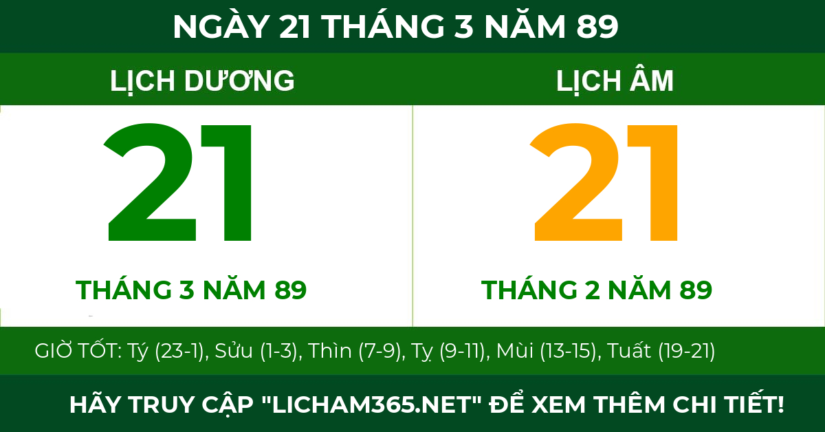 lịch âm ngày 21 tháng 3 năm 89