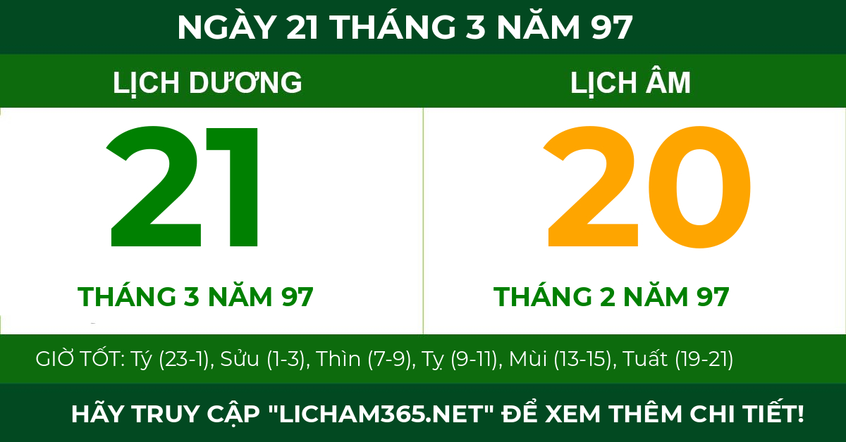 lịch âm ngày 21 tháng 3 năm 97