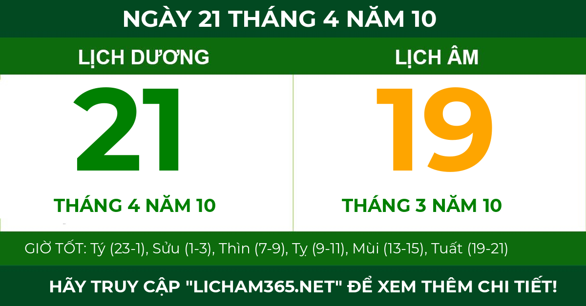 lịch âm ngày 21 tháng 4 năm 10