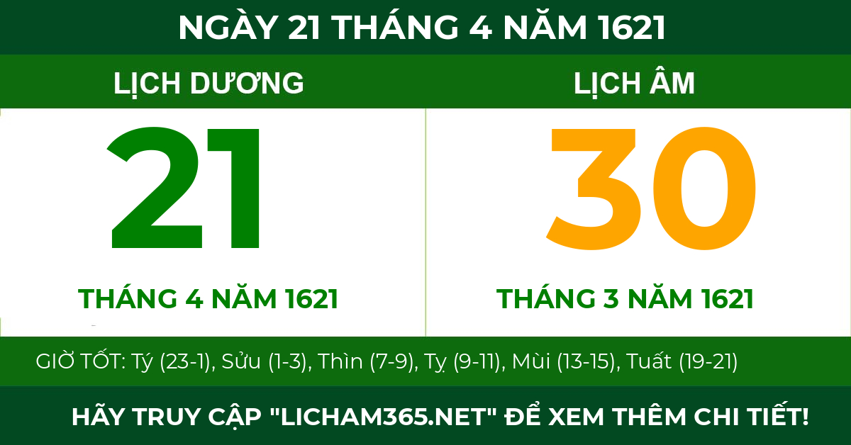 lịch âm ngày 21 tháng 4 năm 1621