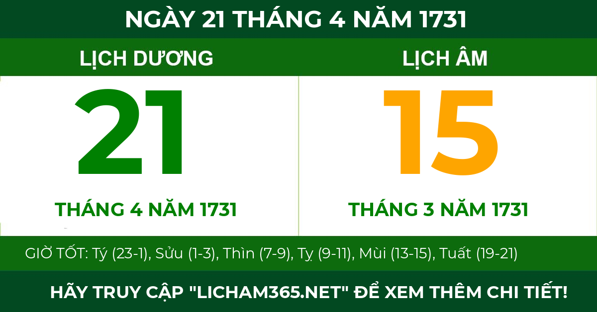 lịch âm ngày 21 tháng 4 năm 1731